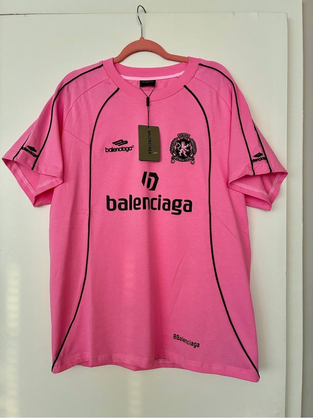 Balenciaga Men’s Pink Logo Athletic Crew Tee with Black Accents
